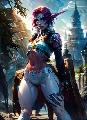 full body, girl, 13 years, (realistic face, pretty face), small body, Slim thighs, standing in the wilderniss, World of Warcraft, facepaint, lip piercing, glowing blue eyes, tattoo, jewelry,  thight white pants, Red hair, dreadlocks, sunlight, volumetric lighting, best quality, masterpiece, realistic,,day,nightelf,thin legs