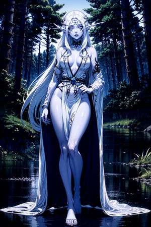 nightelf, full body, (((extreme white albino skin color))), ((extrem long white hair color)), (grey Eyes), (Beautiful blue robe) Facial Tattoo, she stands in front of a lake surrounded by a forest, on her left hand sits a butterfly