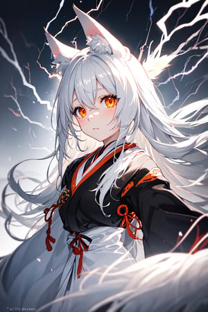 Depth of field, black and white, Kitsune girl, fox girl, long hair, beautiful girl, her eyes are shining red and are glowing, only the eyes have color, surrounded by orange lightning, only the eyes and lightning have color everything else is black and white