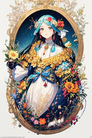 menera style, by Ernst Haeckel, exquisite illustration of a girl wearing flowers, anime, pixiv, kawaii girl, facing forward