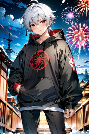 Anime,1guy, (((best quality,masterpiece))),(black colored) hoodie)(anime style),(Snow cover,night_sky ,fireworks,Matsuri, nature view),more detail XL,EpicSky,cloud,white hair,red eyes,