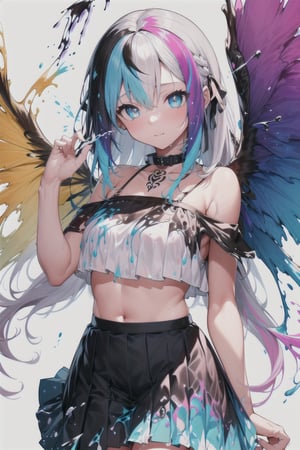 collar, bare shoulders, ((colorful hair)), ((streaked hair)), beautiful detailed eyes, (Gradient color eyes), (((colorful eyes))), super long hair, small breasts, (cowboy shot), (white background), ribbon, ((pleated skirt):1.25), detailed clothes, (splatter)/=((colorful ink splash wings):1.4),