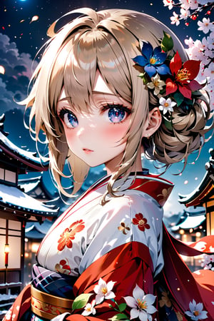 Anime ,hentai,(beautiful detailed face, beautiful detailed eyes),(((best quality,masterpiece))),(a beautiful girl,(flower pattern) kimono),(anime style),(Snow cover,night_sky ,fireworks,Matsuri, nature view),more detail XL,EpicSky,cloud,