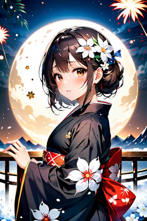 Anime ,hentai,(beautiful detailed face, beautiful detailed eyes),(((best quality,masterpiece))),(a beautiful girl,(flower pattern) kimono),(anime style),(Snow cover,night_sky ,fireworks,Matsuri, nature view),more detail XL,EpicSky,cloud,brown hair,brown eyes,