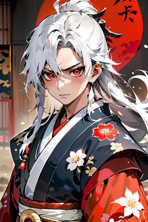 (masterpiece:1.2, best quality), (finely detailed), (1 male), red eyes, white hair, samurai, samurai kimono, kind