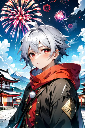 Anime,1guy, (((best quality,masterpiece))),(black colored) lined hoodie jacket)(anime style),(Snow cover,night_sky ,fireworks,Matsuri, nature view),more detail XL,EpicSky,cloud,white hair,red eyes, tophat