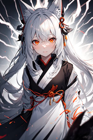 Depth of field, black and white, Kitsune girl, fox girl, long hair, beautiful girl, her eyes are shining red and are glowing, only the eyes have color, surrounded by orange lightning, only the eyes and lightning have color everything else is black and white