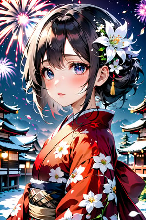 Anime ,hentai,(beautiful detailed face, beautiful detailed eyes),(((best quality,masterpiece))),(a beautiful girl,(flower pattern) kimono),(anime style),(Snow cover,night_sky ,fireworks,Matsuri, nature view),more detail XL,EpicSky,cloud,