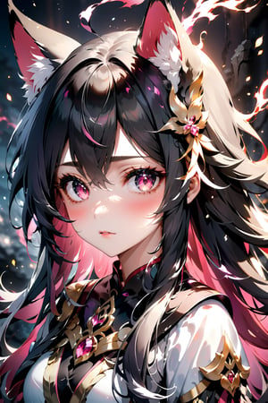 Depth of field, black and white, Kitsune girl, fox girl, long hair, beautiful girl, her eyes are shining gold and are glowing, only the eyes have color, surrounded by pink lightning, only the eyes and lightning have color everything else is black and white