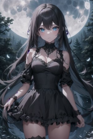 beautiful, gothic girl, long hair, black hair, blue eyes, looking at viewer, moonlight behind her, glowing, gothic makeup, mysterious, dark forest, standing