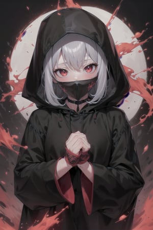 1 girl, black robe, black hood, worn clothes, invisible face, red lines, pentagram, magic circles, full face, red fog, gloomy atmosphere,sleeves past wrists, sleeves past fingers,sleeves past wrists, sleeves past fingers