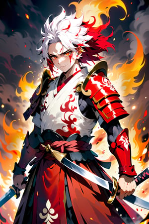 (masterpiece:1.2, best quality), (finely detailed), 1 male, fire hair, fire aura samurai, samurai armor, fire aura, body covered in flames, white pupiless eyes, demon sword, ((crimson flames and blood))