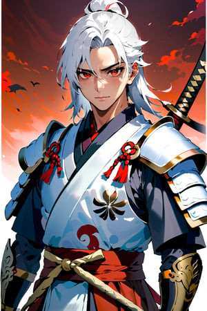 (masterpiece:1.2, best quality), (finely detailed), 1 male, red eyes, white hair, samurai, samurai armor, gentle smile