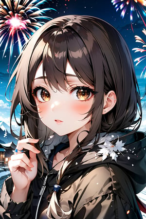 Anime ,hentai,(beautiful detailed face, beautiful detailed eyes),(((best quality,masterpiece))),(a beautiful girl,(black colored)oversized hoodie)(anime style),(Snow cover,night_sky ,fireworks,Matsuri, nature view),more detail XL,EpicSky,cloud,brown hair,brown eyes,