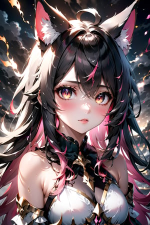 Depth of field, black and white, Kitsune girl, fox girl, long hair, beautiful girl, her eyes are shining gold and are glowing, only the eyes have color, surrounded by pink lightning, only the eyes and lightning have color everything else is black and white