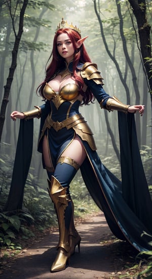 (hyper-detailed, high resolution, best shadows), forest,, shiny armour, crowns of golden branches, shiny gold armour, in mystical forest,red hair, lomg red and black hair,  l, hair-past-waist, big breasts, elven dress, armour and bootst, beautiful face, smooth body, perfect legs, blue eyes, almond eyes, ((full_body))