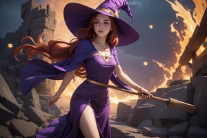  1 Young Witch with long red hair, flying on a broomstick, total body, photorrealistic, purple hat with golden stars, purple golden embroid long dress with golden stars, no_background, hD, high resolution