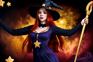 Witch with long red hair, flying on a broomstick, purple hat with golden stars, purple golden embroid long dress with golden stars, no_background