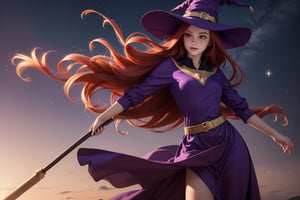  1 Young Witch with long red hair, flying on a broomstick, total body, photorrealistic, purple hat with golden stars, purple golden embroid long dress with golden stars, no_background, hD, high resolution