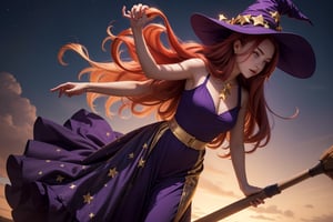  1 Young Witch with long red hair, flying on a broomstick, total body, photorrealistic, purple hat with golden stars, purple golden embroid long dress with golden stars, no_background, hD, high resolution