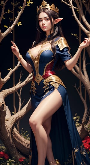 (hyper-detailed, high resolution, best shadows), black background, two she-elve lovers hand in hand, blue and red datin dresses with gold embroidment, crowns of golden branches, hand in hand, in mystical fores,red hair, lomg red and black hair,  l, hair-past-waist, big breasts, elven dress, armour and bootst, beautiful face, smooth body, perfect legs, blue eyes, almond eyes, ((full_body))