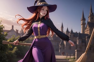  1 Young Witch with long red hair, flying on a broomstick, total body, photorrealistic, purple hat with golden stars, purple golden embroid long dress with golden stars, no_background, hD, high resolution