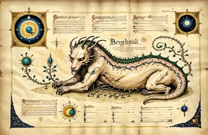 A behemot, a monstrous creature from medieval lore, sprawls across the page of an ancient illuminated manuscript. The illustration is rendered on worn, yellowed parchment, with intricate borders and swirling vines that evoke the mysticism of the Voynich Manuscript. In the background, faded script whispers secrets in a forgotten tongue. The behemoth's scaly body writhes, its claws grasping for something unseen as it dominates the composition. The Codex Seraphinianus-inspired style adds to the sense of antiquity and mystique, drawing the viewer into this mystical realm.