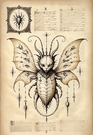 Depict a whimsical illustration of a fantastical creature from the Voynich Manuscript's medieval bestiary. On aged, vintage parchment, rendered in intricate pencil drawings, the creature emerges amidst ornate, handwritten script. The paper's yellowed hue and subtle texture evoke ancient wisdom. Framed by ornate borders, the creature's delicate features, such as its eyes and antennae, are meticulously detailed. A sense of mystique pervades the composition, inviting the viewer to decipher the secrets hidden within.