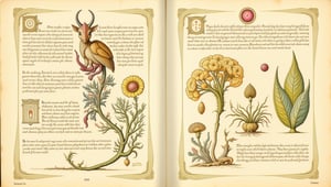 Prompt: Medieval-inspired illustrations of fantastical creatures, a hybrid of organic and plants parts, set within an aged, vintage parchment background. ((voynich manuscript)), ((codex seraphinianus)), with writing. style of Mattias Adolfsson,Surreal art