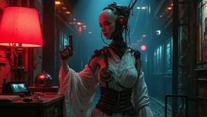  Full body shot, Cyberpunk, Gothic, Biomechanical geisha shaman woman, Holding a plasma gun, White porcelain skin texture, Japan native interior, Cyborg, Hologram reflections and holographic effect, Iron Venetian mask, abstract cubist, Perfect Composition, High Contrast, Atmospheric, Moody, Raw photo, realistic, cinematic lighting, soft shadows, sharp focus, fractal, colorful, depth of field, best quality, 16k resolution,
,ct-animepopstyle,anime,style of Mattias Adolfsson,ct-sensual