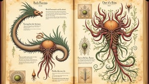 Prompt: Medieval-inspired illustrations of fantastical creatures, a hybrid of organic and plants parts, set within an aged, vintage parchment background. ((voynich manuscript)), ((codex seraphinianus)), with writing. style of Mattias Adolfsson,Surreal art