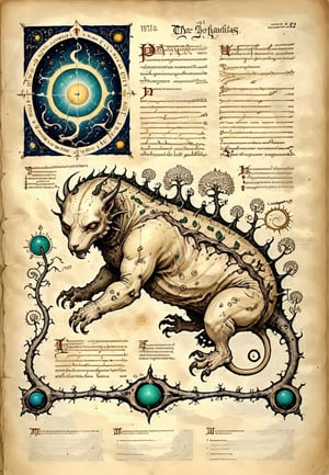 A behemoth, a monstrous creature from medieval lore, sprawls across the page of an ancient illuminated manuscript. The illustration is rendered on worn, yellowed parchment, with intricate borders and swirling vines that evoke the mysticism of the Voynich Manuscript. In the background, faded script whispers secrets in a forgotten tongue. The behemoth's scaly body writhes, its claws grasping for something unseen as it dominates the composition. The Codex Seraphinianus-inspired style adds to the sense of antiquity and mystique, drawing the viewer into this mystical realm.