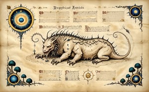 A behemot, a monstrous creature from medieval lore, sprawls across the page of an ancient illuminated manuscript. The illustration is rendered on worn, yellowed parchment, with intricate borders and swirling vines that evoke the mysticism of the Voynich Manuscript. In the background, faded script whispers secrets in a forgotten tongue. The behemoth's scaly body writhes, its claws grasping for something unseen as it dominates the composition. The Codex Seraphinianus-inspired style adds to the sense of antiquity and mystique, drawing the viewer into this mystical realm.