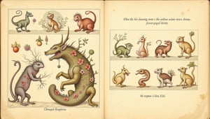 Prompt: Medieval-inspired illustrations of fantastical creatures, a hybrid of organic and plants parts, set within an aged, vintage parchment background. ((voynich manuscript)), ((codex seraphinianus)), with writing. style of Mattias Adolfsson,Surreal art