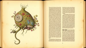 Prompt: Medieval-inspired illustrations of fantastical creatures, a hybrid of organic and plants parts, set within an aged, vintage parchment background. ((voynich manuscript)), ((codex seraphinianus)), with writing. style of Mattias Adolfsson,Surreal art