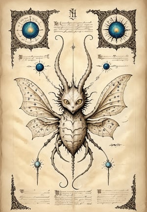 Depict a whimsical illustration of a fantastical creature from the Voynich Manuscript's medieval bestiary. On aged, vintage parchment, rendered in intricate pencil drawings, the creature emerges amidst ornate, handwritten script. The paper's yellowed hue and subtle texture evoke ancient wisdom. Framed by ornate borders, the creature's delicate features, such as its eyes and antennae, are meticulously detailed. A sense of mystique pervades the composition, inviting the viewer to decipher the secrets hidden within.