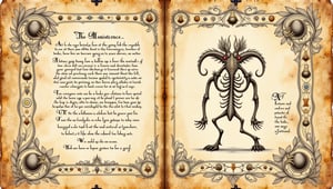 Prompt: Medieval-inspired illustrations of fantastical creatures, a hybrid of organic and plants parts, set within an aged, vintage parchment background. ((voynich manuscript)), ((codex seraphinianus)), with writing. The codex is adorned with intricate, hand-drawn borders featuring ornate foliage and mystical symbols. with subtle hints of alchemical or astrological influences.,style of Mattias Adolfsson,Surreal art