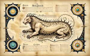 A behemot, a monstrous creature from medieval lore, sprawls across the page of an ancient illuminated manuscript. The illustration is rendered on worn, yellowed parchment, with intricate borders and swirling vines that evoke the mysticism of the Voynich Manuscript. In the background, faded script whispers secrets in a forgotten tongue. The behemoth's scaly body writhes, its claws grasping for something unseen as it dominates the composition. The Codex Seraphinianus-inspired style adds to the sense of antiquity and mystique, drawing the viewer into this mystical realm.