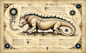 A behemot, a monstrous creature from medieval lore, sprawls across the page of an ancient illuminated manuscript. The illustration is rendered on worn, yellowed parchment, with intricate borders and swirling vines that evoke the mysticism of the Voynich Manuscript. In the background, faded script whispers secrets in a forgotten tongue. The behemoth's scaly body writhes, its claws grasping for something unseen as it dominates the composition. The Codex Seraphinianus-inspired style adds to the sense of antiquity and mystique, drawing the viewer into this mystical realm.