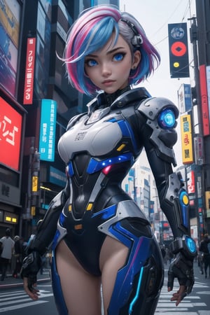 (Masterpiece:1.2), (high quality:1.2), (detailed:1.3) 1girl, cyberpunk, futuristic, cyberware, intricate clothing, multicolour hair, short hair, blue eyes,  looking at viewer, Shibuya, Tokyo, , cowboy shot, sci-fi,mecha musume