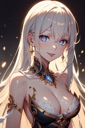 ((masterpiece)), Beautiful woman in anime style, stylish pose, 
tongue out, smile, happy,
8k, very clear, bare shoulders, looking at viewer, shoulder cutout, simple background, solo, highest quality, high resolution. 
best quality, illustration, showing panties, platinum earrings, platinum necklace, 1girl, cute, (dynamic lighting:1.2), cinematic lighting, delicate facial features, detailed eyes, sharp pupils, realistic pupils, depth of field, bokeh, sharp focus, (hyper-detailed, bloom, glow:1.4), many small gems, large_breasts