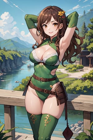 best quality, (masterpiece:1.2), illustration, absurdres,(1girl, solo), (beautiful detailed girl), from above,, Bao Sanniang, brown eyes, brown hair, streaked hair, green hair, hair ornament, medium breasts,green leotard, orange bra, cleavage, belt, green thigh boots, thighhigh boots, shoulder armor, knee pads,grassy mountains, trees, chinese architecture, river, plants,smile, looking at viewer, ((arms behind head)),Hori,breast carry