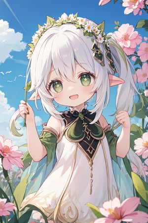 (best quality,masterpiece:1.3),1girl, loli,white hair, green eyes, laugh, (flower crown:1.3),