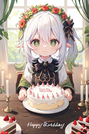 (best quality, masterpiece:1.3), 1girl,  loli, white hair,  green eyes,  smile,  (wreath on head:1.3), festival, birthday cake with candles, 