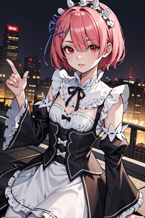 rezeroram, ram, hair flower, hair ornament, hair over one eye, pink hair, (red eyes:1.5), short hair, x hair ornament, (flat chest:1.2),BREAK apron, black bow, black dress, black ribbon, bow, detached sleeves, dress, frilled apron, frilled sleeves, frills, juliet sleeves, long sleeves, maid, neck ribbon, puffy sleeves, ribbon, roswaal mansion maid uniform, thighhighs, two-tone dress, waist apron, white bow, white dress, white thighhighs,,BREAK outdoors, city,BREAK looking at viewer, BREAK, (masterpiece:1.2), best quality, high resolution, unity 8k wallpaper, (illustration:0.8), (beautiful detailed eyes:1.6), extremely detailed face, perfect lighting, extremely detailed CG, (perfect hands, perfect anatomy),
