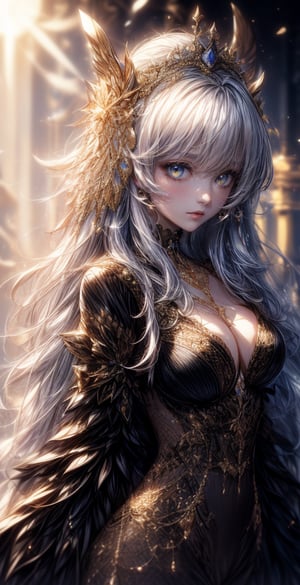 1 girl, queen of light, beautiful face, kind face, very long white hair, glowing hair, bright yellow eyes, bright golden crown, wearing a detailed bright golden white-yellow dress, ornate dress with black filigree design, summer, fairytale location, sun background, beams light effect, weapon, holding a magic light sword, magic sword side view, side view, close-up, upper body, destiny /(takt op./), fate, fantasy