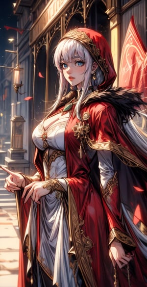 ((best quality)), ((masterpiece)), ((best illustration)), ((anime artwork)), Red-cloaked market girl with endearing white hair and captivating green eyes, her fair skin a delicate canvas. She wears captivating medieval styled elaborate dress, ornate red cloak, red cloak with hood enhanced by intricate details, and dons elegant earrings that reflect her style. In the heart of a bustling medieval town, she adds a touch of allure and mystique to the scene, on eye level, scenic, masterpiece, 1 girl, makima