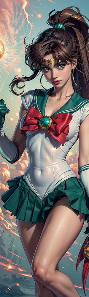 ((masterpiece, best quality)), Sailor moon, antonella roccuzzo, green mini skirt, sexy, curvy body, full lips, brown hair in ponytail, detailed face,perfect eyes, bright green eyes, detailed hands,light background,mix of fantasy and realistic elements,vibrant manga,uhd picture , crystal translucency, vibrant artwork, smjupiter, dynamic pose, action pose, sailor jupiter, lightning in the background,perfecteyes