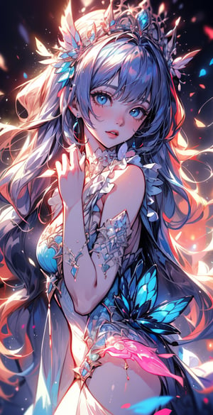 ((best quality)), ((masterpiece)), ((best illustration)), ((anime artwork)), jellyfish witch, ornate jellyfish dress, long cascading hair, straight hair, shell tiara, cinematic lighting, detailed eyes, full lips, juicy lips, cheerful, kind, hyperdetailed face, fantasy, neon jellyfish