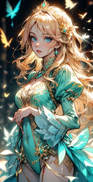 ((best quality)), ((masterpiece)), ((best illustration)), ((anime artwork)), Odette from the swan princess, long cascading blonde hair, long hair, blonde curly hair, detailed green eyes, bright green eyes, Wearing alluring medieval-styled dress, flowing white dress with teal accents, dress enhanced by intricate details, puffed sleeves, (wearing gold heart-shaped locket), Alluring, sweet, on eye level, scenic, masterpiece, 1 girl, hyperdetailed face, full lips, background is stone bridge and waterfall,behisheroine
